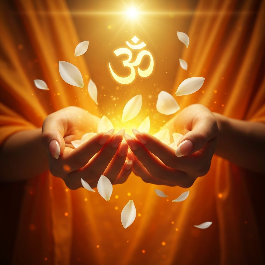 Hands offering golden light with lotus petals, symbolizing sacred spiritual offering