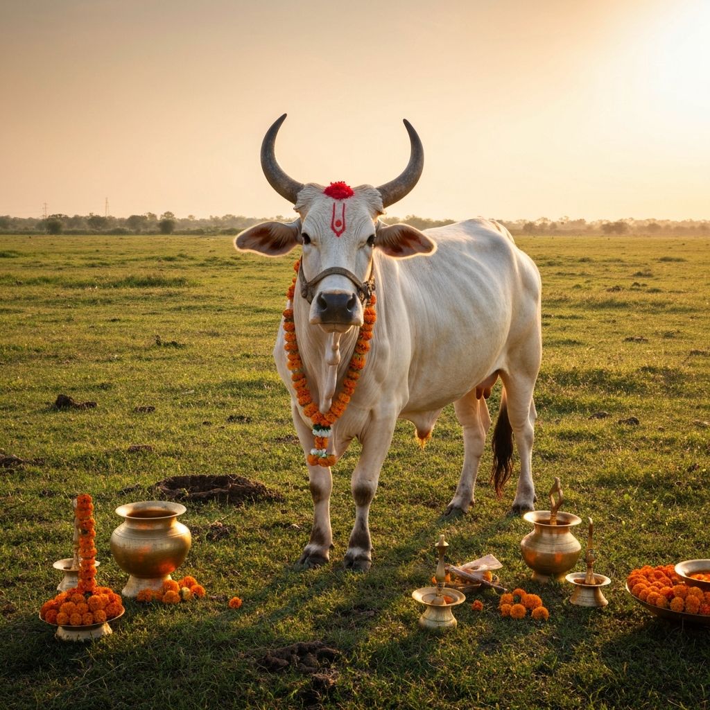 Sacred cow decorated with flowers and tilak in a pastoral meadow