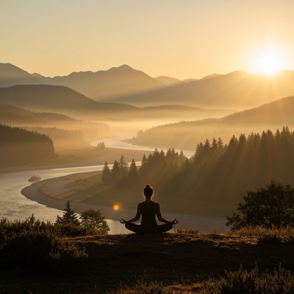 Serene sunrise with yoga silhouette in nature