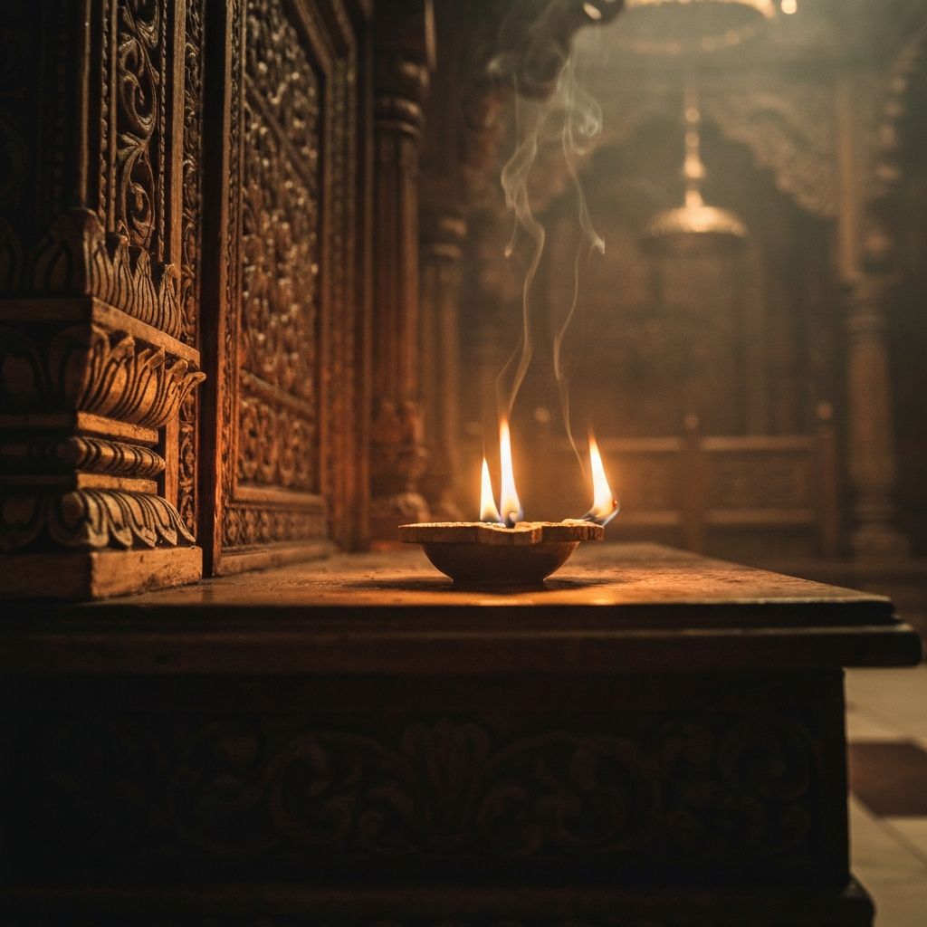 Sacred diya lamp with marigold flowers for daily puja practice