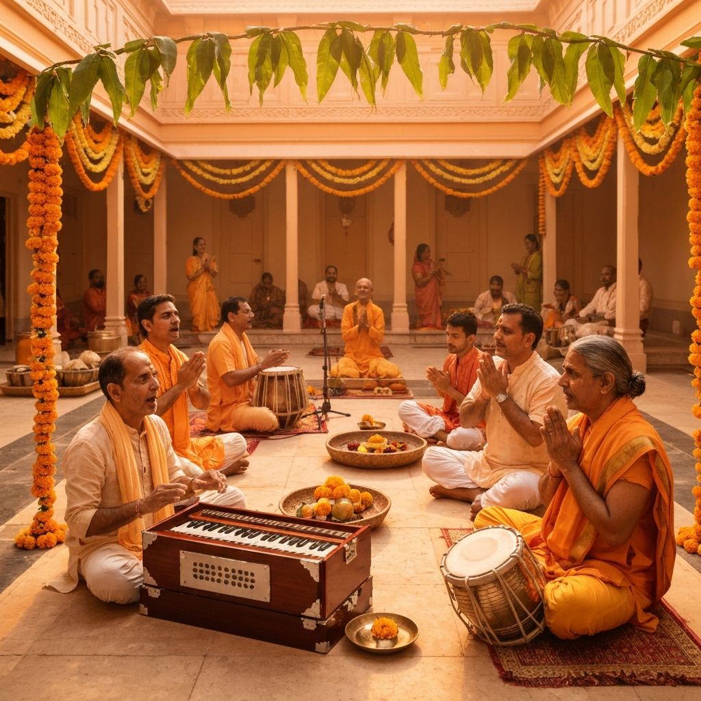 Devotees in satsang kirtan with harmonium and kartals at ashram